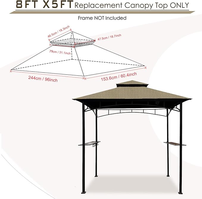 Grill Gazebo Replacement Canopy Roof – Hugline 5x8 Outdoor Grill Shelter Canopy Top Double Tiered BBQ Tent Cover Fit for Model L-GG001PST-F (Khaki Ripstop)
