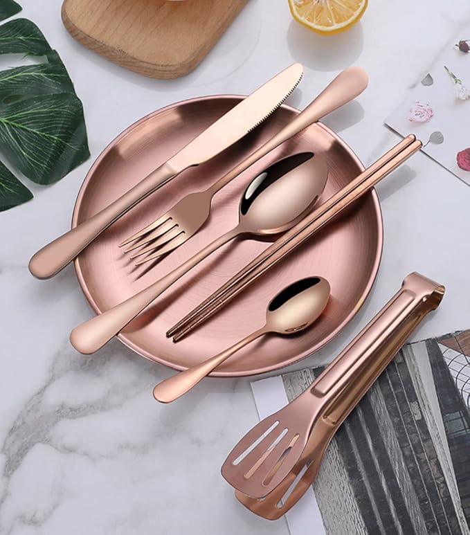 Travel Portable Rose Gold Silverware Set With Case Stainless Steel Camping Flatware Set 11 Piece Modern Cutlery Tableware Utensils Set for Picnic and Other Outdoor Activities Mirror Polished