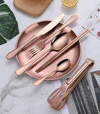 Travel Portable Rose Gold Silverware Set With Case Stainless Steel Camping Flatware Set 11 Piece Modern Cutlery Tableware Utensils Set for Picnic and Other Outdoor Activities Mirror Polished