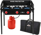 Hike Crew Cast Iron 3-Burner Outdoor Gas Stove | 225,000 BTU Portable Propane Cooktop w/Blue Flame Control, Removable Legs, Temperature Control Knobs, Wind Panel, Hose, Regulator & Storage Carry Case