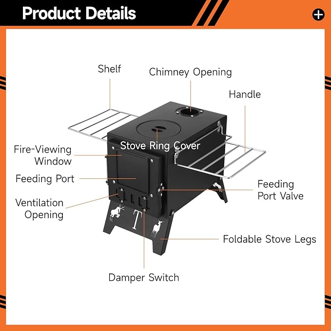 Hot Tent Steel Stove, Portable Camping Wood Burning Stove with Large Firebox, Detachable Top Cover for Cooking, Foldable Legs, 8.3 x 15 x 11.8 in for Outdoor Cooking