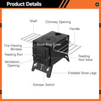 Hot Tent Steel Stove, Portable Camping Wood Burning Stove with Large Firebox, Detachable Top Cover for Cooking, Foldable Legs, 8.3 x 15 x 11.8 in for Outdoor Cooking