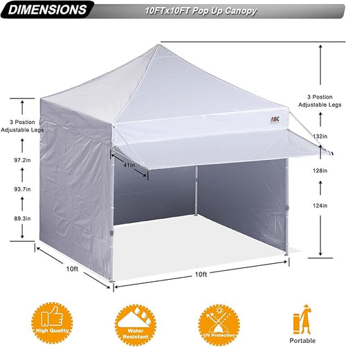 ABCCANOPY 10x10 Pop up Canopy Tent with Sidewalls - Easy up Canopies with Awning, Outdoor Tents for Parties, Market, Commercial Events, White