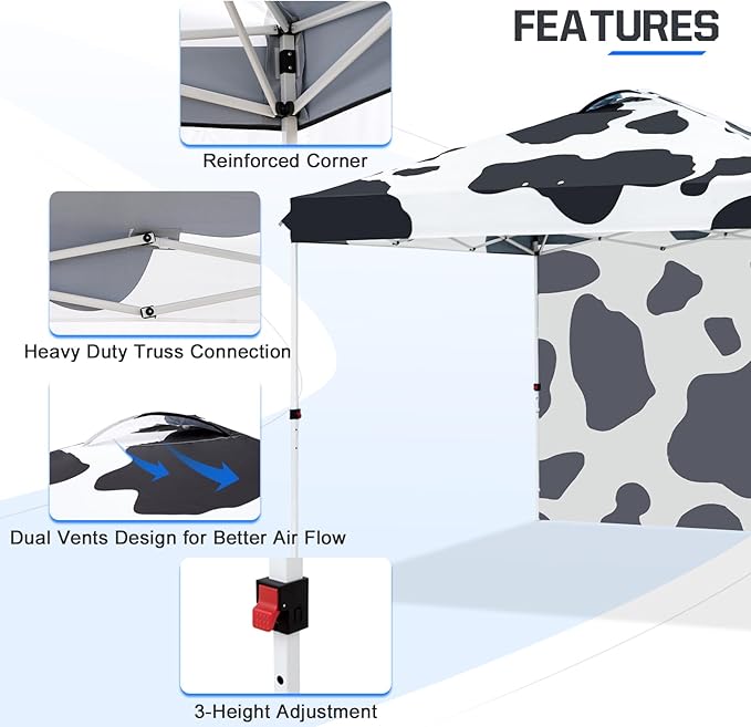 EAGLE PEAK Commercial Canopy 10x10 Pop Up Canopy Tent with 1 Sidewall, Easy Setup Heavy Duty Instant Event Shelter for Vendors & Markets, Outdoor Sun Shade, Cow Print