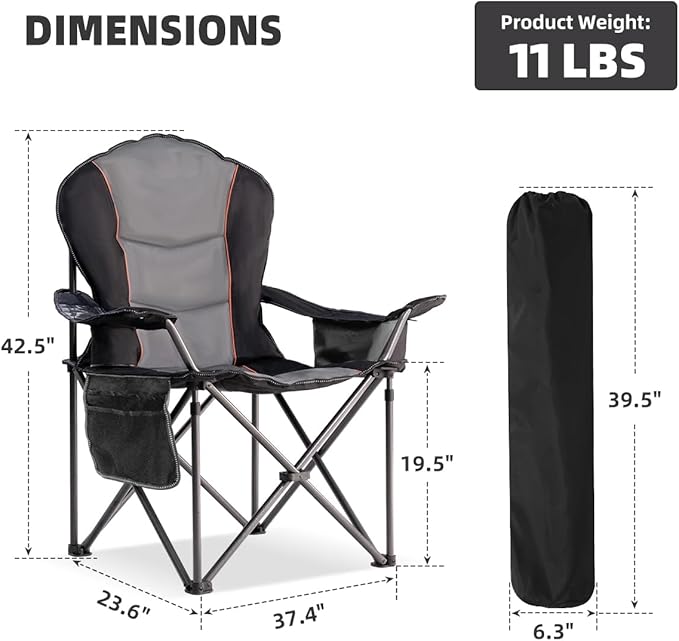 Large Camping Chair with Side Table Heavy Duty 500LBS - Folding Outdoor Chair with Cooler Bag (Black & Gray, 2 PCS)