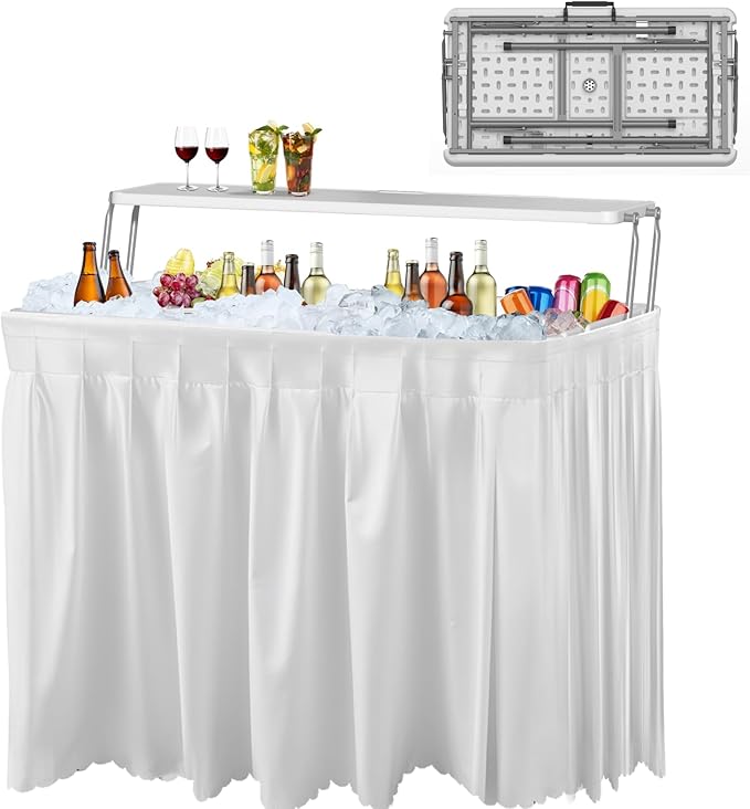 2 Tiers 4 Foot Ice Cooler Table, Folding Tailgate Camp Fishing Cleaning with Matching Skirt & Drain Hose, Plastic Ice Table for Party, BBQ, Camping, Picnic, Barbecues to Keep Drinks Cool, White
