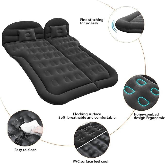 Vikuces® SUV Air Mattress Car Camping Travel Bed, Car Air Mattress Back Seat Bed,Thickened Inflatable Mattress with Two Air Pillow, Full Size Blow Up Sleeping Pad(Black)