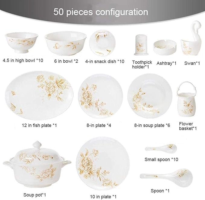 Dinner Set,50 Pieces Spring Flower Pattern Ceramics Dinnerware Set Bone China Plates Bowls Combination Porcelain Tableware