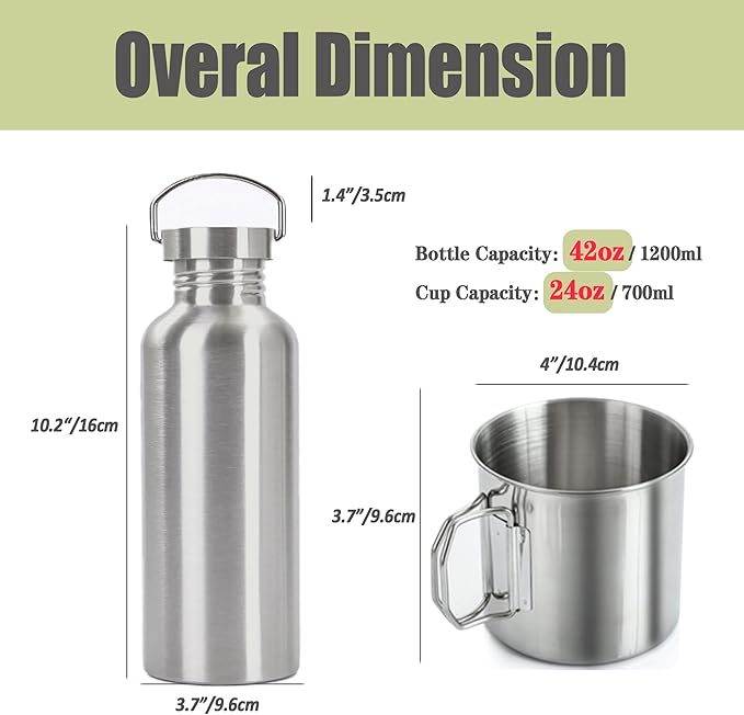 Survivor 3-in-1 Outdoor Canteen Kit - 42oz Single Wall Water Bottle with 24oz Nesting Camping Cup & Carrying Bag | 304 Stainless Steel | Wide Mouth Design | Outdoor Survival Bushcraft Gear