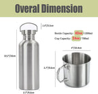 Survivor 3-in-1 Outdoor Canteen Kit - 42oz Single Wall Water Bottle with 24oz Nesting Camping Cup & Carrying Bag | 304 Stainless Steel | Wide Mouth Design | Outdoor Survival Bushcraft Gear