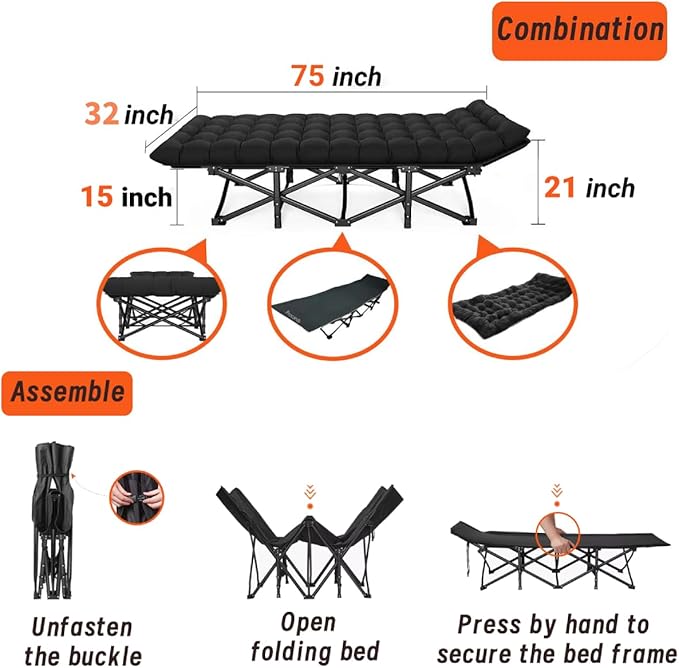 Oversized XXL Folding Camping Cot W/Mat for Adults,Heavy Duty Outdoor Bed with Carry Bag1200 D Layer Oxford Portable Travel Camp Cots Extra Wide Sleeping Cots (Black With Comfortable Mattress)