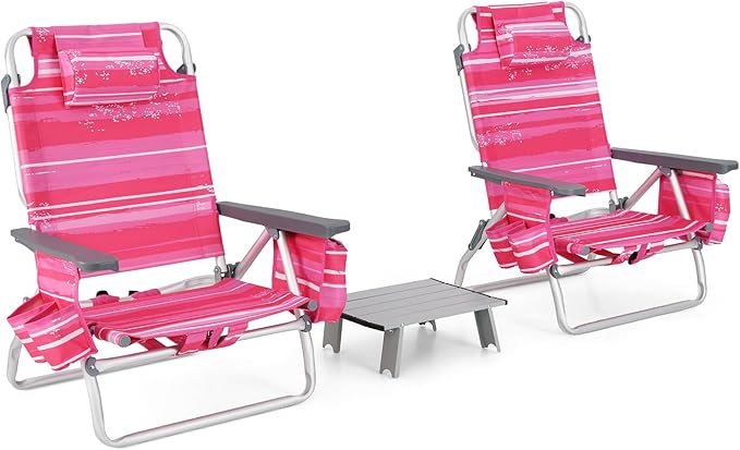 Tangkula Backpack Beach Chair with Table, 5-Position Lay Flat Beach Chairs with Cooler Bag, 2 Cup Holders, Towel Bar, Lightweight Low Folding Beach Chair with Backpack Straps