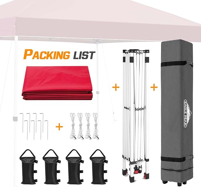 EAGLE PEAK Pop Up Canopy Tent with Wheeled Carry Bag, 8 Stakes, 4 Ropes, 4 Weight Bags, Easy Set Up Tent Canopy, 10x10 ft, 100sqft of Shade, Red