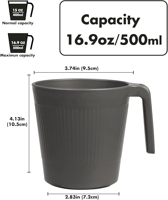 Ribbed Drinking Glasses Coffee Mugs Set of 8, Plastic Coffee Cups 16.9 OZ Unbreakable Tumblers with Handle, Reusable Drinking Cups for Camping/Dorm/RV