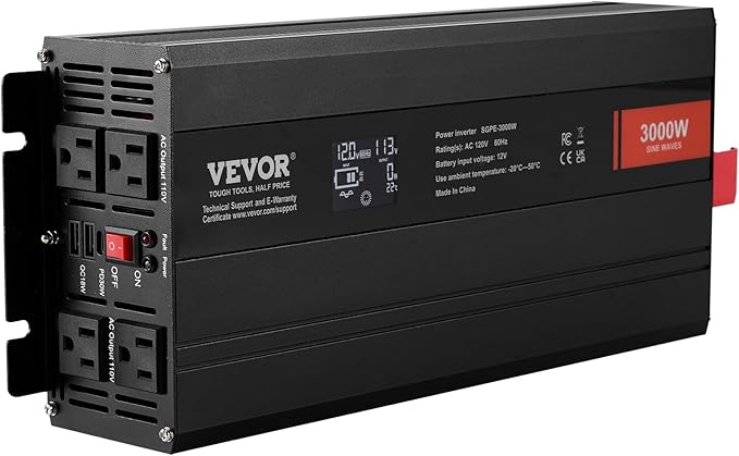 VEVOR 3000W Pure Sine Wave Inverter, DC 12V to AC 120V Power Inverter for Truck RV Off-Grid, Car Inverters with 4 AC, 2 USB, Type-C Port, LCD Display and Remote Controller for Large Home Appliances