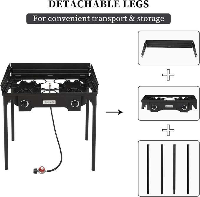 Bonnlo 2-Burner Outdoor Portable Propane Burner Stove 150,000-BTU Gas Cooker with Windscreen & Carrying Bag, Heavy Duty Iron Cast Patio Burner with Detachable Stand Legs for Camp Cooking