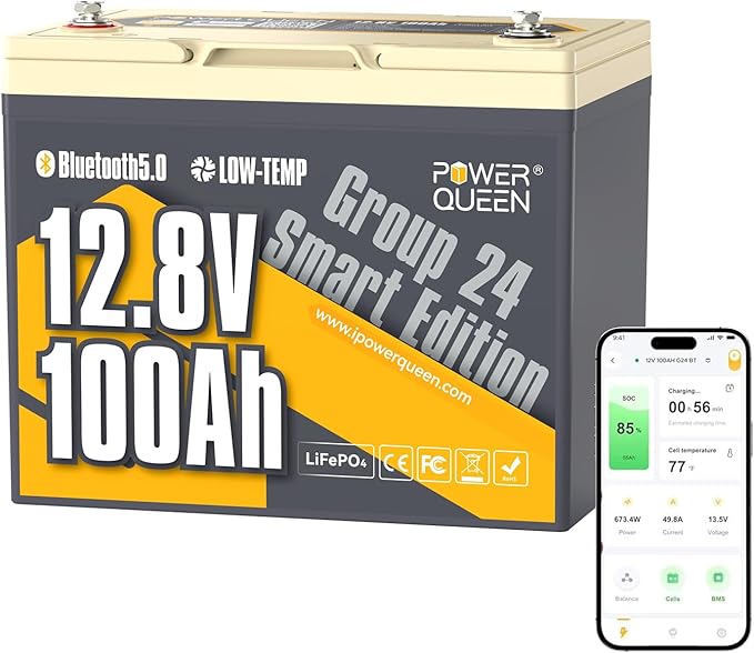 Power Queen 12V 100Ah LiFePO4 Battery, Bluetooth 12Volt RV Lithium Battery with Low-Temp Protection, Group 24 Deep Cycle Battery, Up to 15000 Cycles for Motorhome, Trailer, Camper Van, Marine, Solar