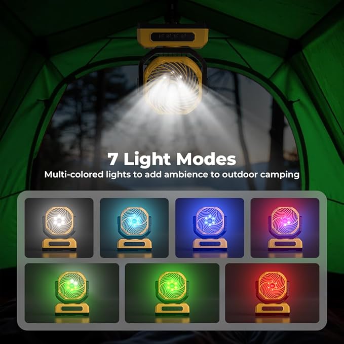 30000mAh Portable Camping Fan with RGB Lantern, Rechargeable Battery Powered Oscillating 4 Wind Speeds LED Display, Remote Control Timer Tent Beach Cordless USB Fans for Travel Home Outdoor, Yellow