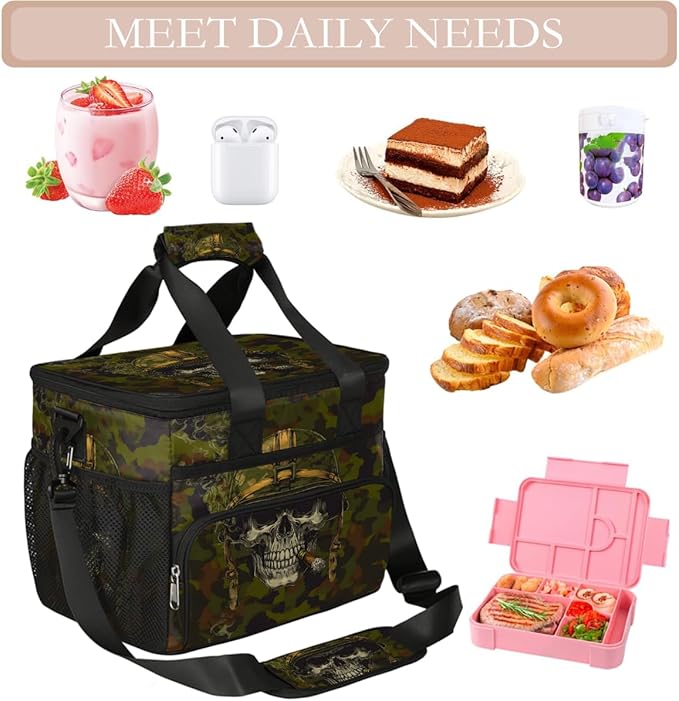 Pardick Camouflage Camo Skull Soft Cooler Bag Insulated Lunch Box for Men & Women, Large Leakproof Lunch Bag Portable Beach Cooler for Work, Picnic, Road Trips,Fishing, Travel, Camping,A-10