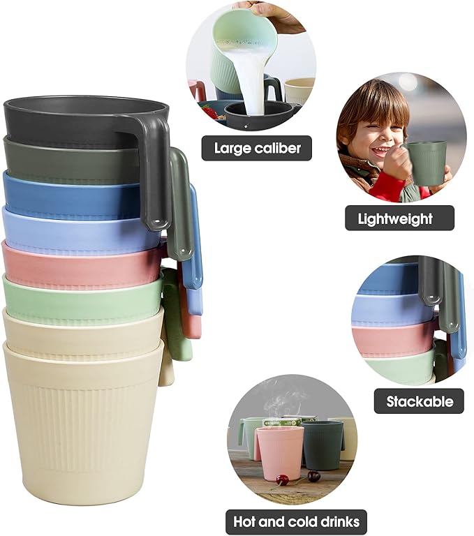 Ribbed Drinking Glasses Coffee Mugs Set of 8, Plastic Coffee Cups 16.9 OZ Unbreakable Tumblers with Handle, Reusable Drinking Cups for Camping/Dorm/RV