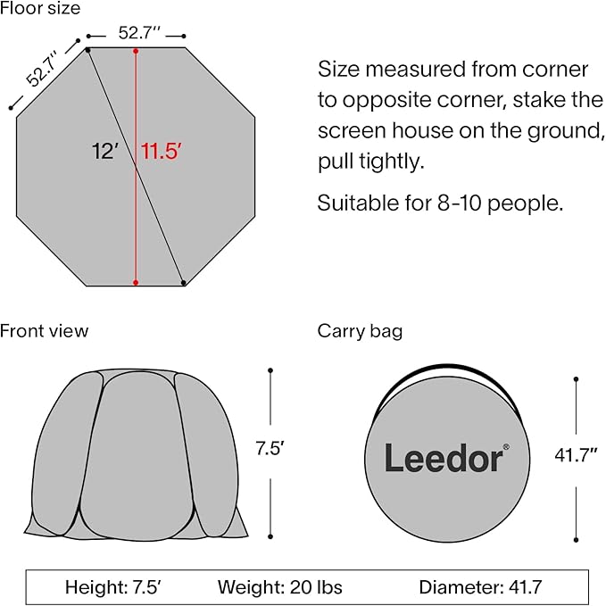 LEEDOR Pop Up Screen House, 6-10-15 Person Outdoor Screen Tent，Camping Screen Room with Carry Bag, Screened Gazebo with Mosquito Netting, Instant UV Resistant Sun Shelter for Garden, Patio, Backyard