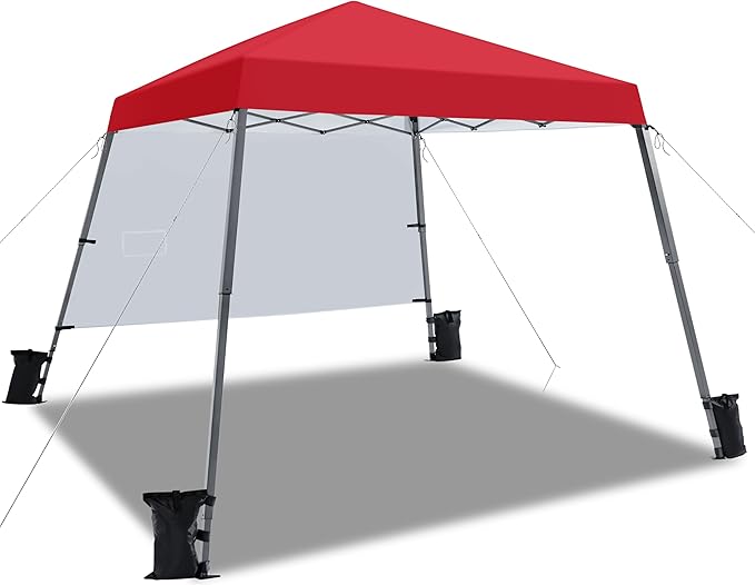 Yaheetech Pop Up Canopy Tent with Backpack, 10x10 Base Portable Easy One Person Setup Folding Shelter Compact Lightweight Slant Leg Canopy with 1 Sidewall, 8x8 Top, Red