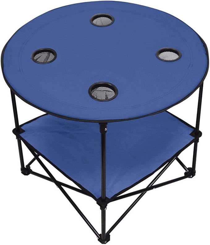 Preferred Nation | 2 Tier Folding Camping Table with 4 Mesh Cup Holders Blue | Polyester with Metal Frame | Compact, Convenient Carry Case Included | Side Table for Tailgate