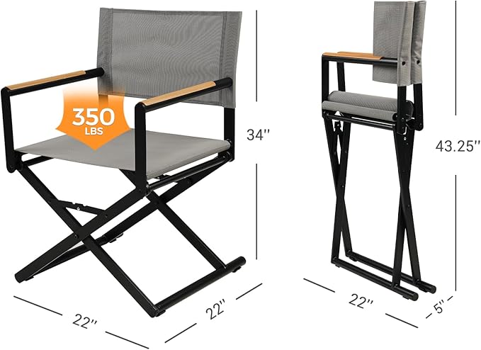 Grand patio Extra-Wide 2-Pack Directors Chairs, Folding Dining Chair Set of 2 with Sling, Woodgrain Armrests, Outdoor, Gray