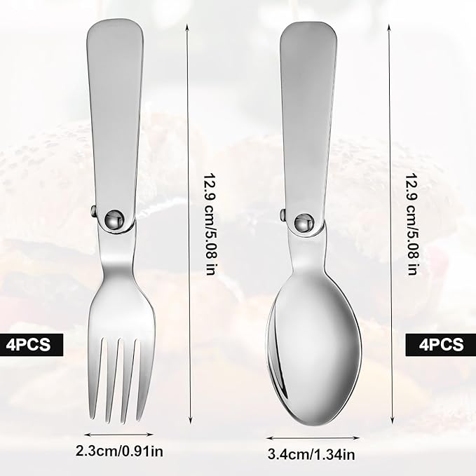 4pcs Metal Folding Spoons & 4pcs Foldable Forks for Thermos Funtainer 10oz Food Jar, Portable Stainless Steel Spoon Fork Set Replacements for Travel Camping Dinner Picnic & Outdoor Activities
