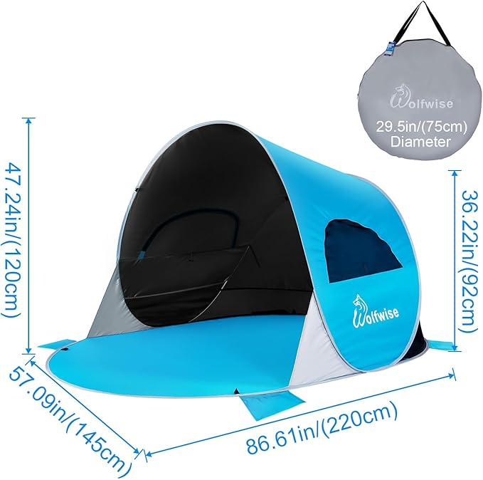 Wolfwise Pop up Beach Tent Sun Shelter with UPF50+ UV Protection, Instant Easy Setup Popup Beach Shade Canopy for 3 Person, Portable & Foldable with Carring Bag, 87 ×57×47 in, Black Coating