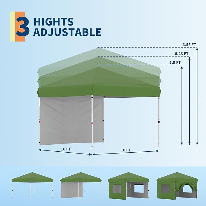 10x10 Instant Pop-Up Canopy with 1 Sidewall – Easy 1-Button Setup, Includes Roller Bag, 3 Height Settings & 4 Weight Bags – Perfect for Backyard, Beach, Sports & Parties,Green