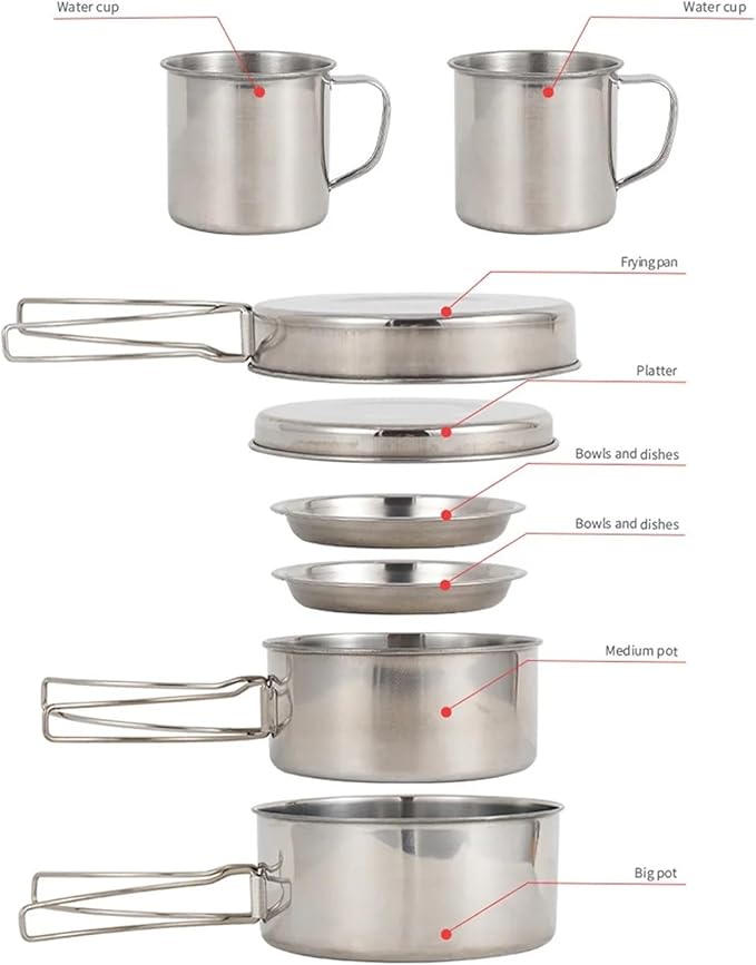 8Pcs Camping Cookware Set - Pot, Pan, Water Cup & Tableware, Portable Mess Kit for Hiking & Picnics