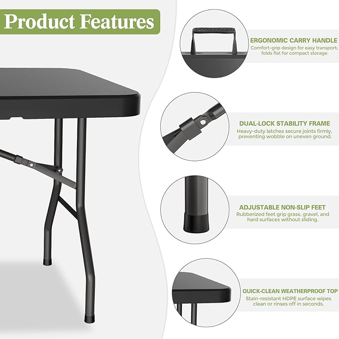 6ft Heavy-Duty Portable Outdoor Folding Table for 6 - Sturdy HDPE Top, 350lbs Capacity, Lockable Design, No Assembly - Camping Parties Picnics (Black)