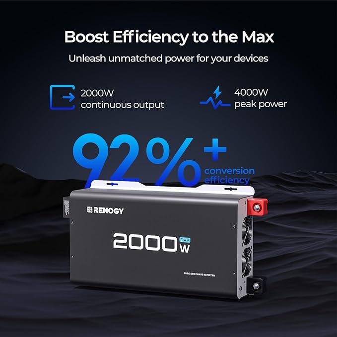 Renogy Inverter 24V 2000W Pure Sine Wave Inverter, 4000W Peak Power, Solar Car Power Inverter 24V DC to 120V AC for Truck, Home, Marine, Camping, RV, 2 AC Outputs, 16.4FT Remote Control