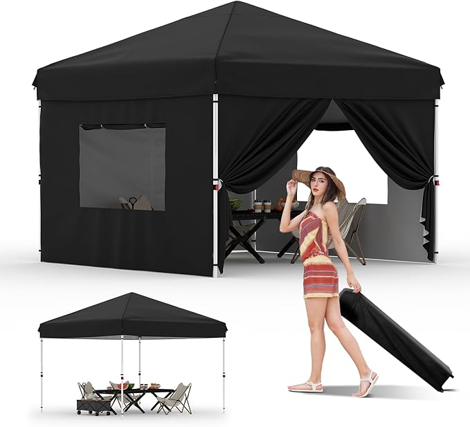 Pop-Up Canopy Tent with 4 Sidewalls – Portable Instant Commercial Canopy, Includes 4 Stakes, 4 Ropes & 4 Sandbags – Perfect for Farmers' Markets, Patio, Camping & Outdoor Events,Black