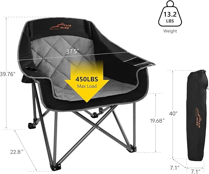 FAIR WIND 2 Pack Oversized Padded Camping Chair Heavy Duty Quad Fold Arm Chair Portable for Outdoor - Support 450LBS, Black