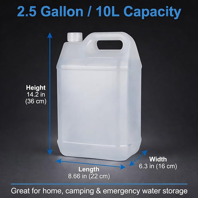2.5 Gallon Water Jug (2 Pack), Heavy Duty Liquid Storage Container with Lids, HDPE Leak-Proof Water Container for Camping, Kitchen, Automotive Fluids & Emergency Storage, BPA Free