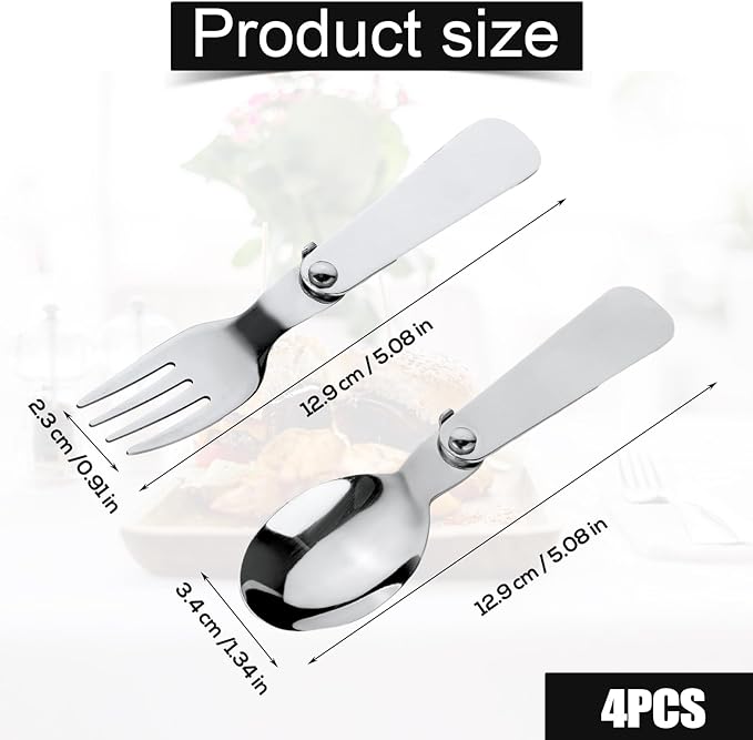 BOXOB 2pcs Folding Spoon & 2pcs Foldable Forks for Thermos Funtainer 10oz Food Jars, Portable Replacement Stainless Steel Spoons Forks for Travel Camping Picnic Outdoor Activities