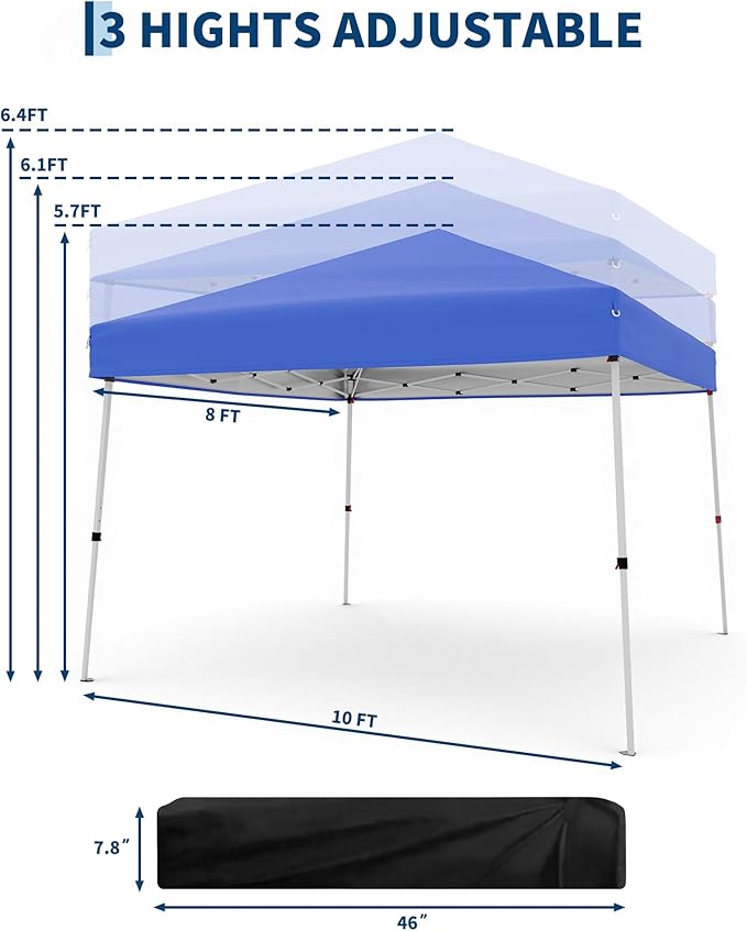 Canopy Tent, GarveeLife 10X10 FT Pop Up Canopy Outdoor Instant Tent Slant Legs with Carrying Bag, Portable Gazebo Shelter for Patio Deck Garden Beach - 8X8 FT Canopy Cover (Blue)