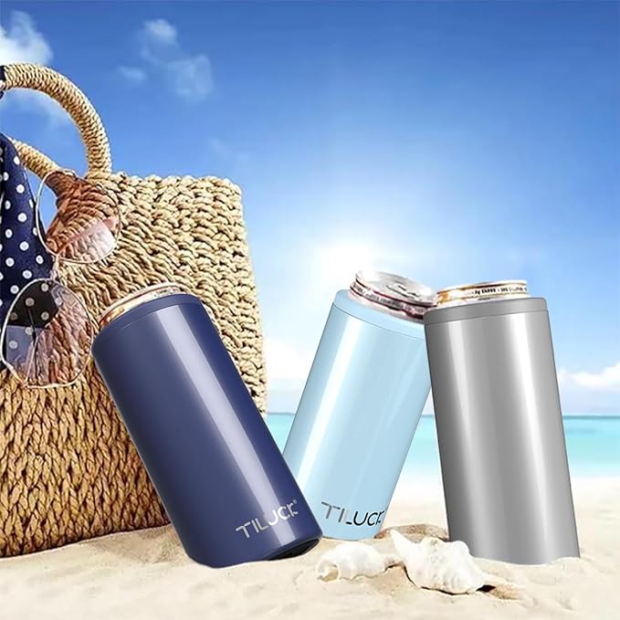 TILUCK Skinny Can Cooler for Slim Beer & Hard Seltzer, Stainless Steel, Doucle-Walled Stainless Steel Insulated Slim Cans, Standard 12 oz (Glitter Sky)