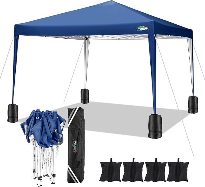 COBIZI 10x10 Pop Up Canopy Tent with 4 Sandbags, Easy Set Up Gazebo, Instant Outdoor Sun Shade &Waterproof Canopy with 8 Stakes,4 Ropes&Carry Bag, Tents for Parties, Beach, Backyard,Camping(Navy Blue