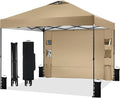 10'x10' Pop Up Canopy Tent with 1 Sidewall and 6 Pockets, One Push Setup, Instant Shade Tent with Vented Roof for Beach Patio Outdoor, Case, 8 Stakes, 4 Ropes, 4 Sandbags (Khaki, 10x10)