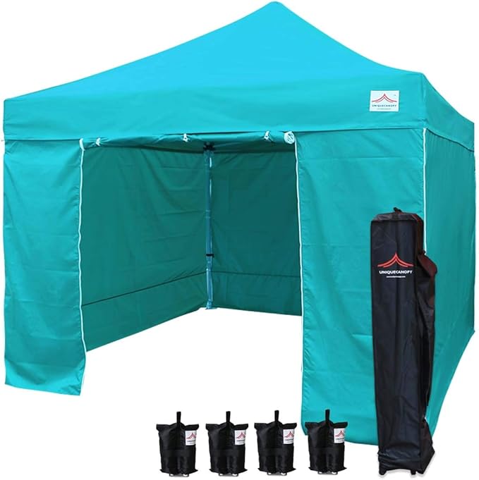 10'x10' Pop Up Canopy Tent Commercial Instant Shelter, with 4 Removable Zippered Side Walls and Heavy Duty Roller Bag, 4 Sand Bags Lake Blue