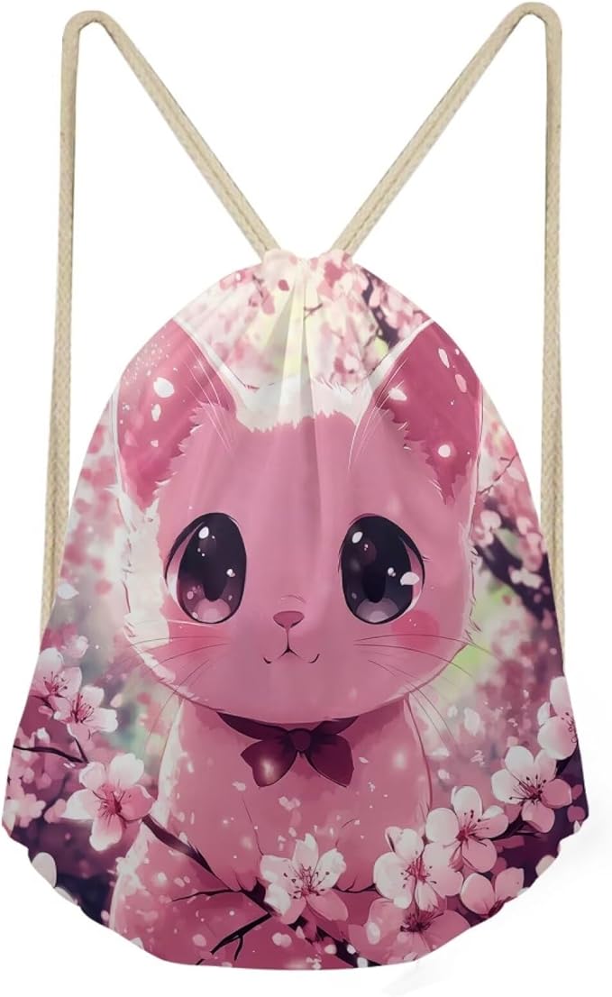 Upetstory Cherry Blossom Cat Drawstring Backpack Gym Sackpack Foldable Draw String Bag Lightweight Travel Storage Pouch Sports Gymsac PE Kit Bags for Outdoor Hiking Cycling Running Beach