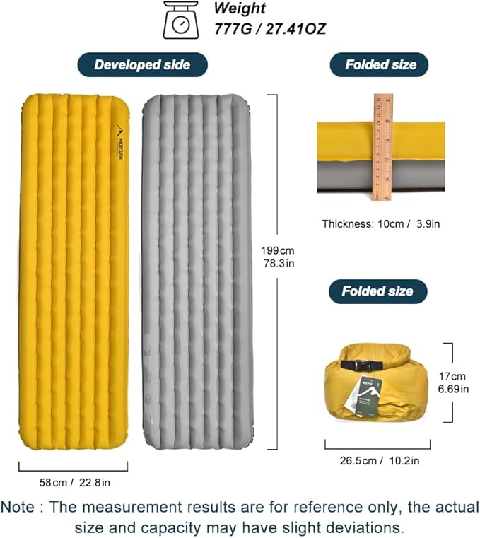 widesea Sleeping Pad R-Value 7.6 for Cold Weather Camping - Ultra Lightweight 777g, 199x58x9cm, Compact 26.5x17cm, Double Valve