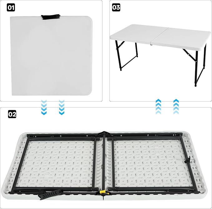 4FT Adjustable Height Folding Camping Table - Portable Foldable Small Table with Metal Frame & Plastic Top, Ideal for Outdoor Picnic, Indoor Dining & Events