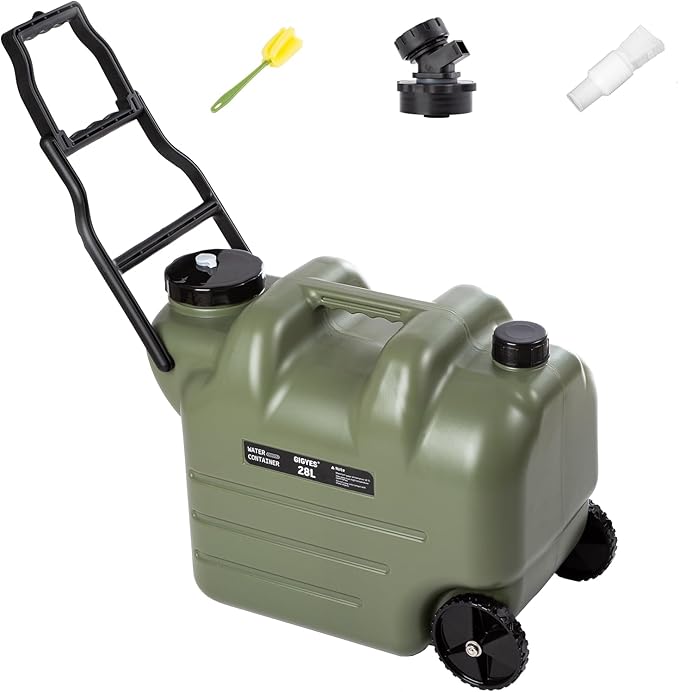 7.4 Gallon Water Jug with Wheels & Folding Handle, Rolling Wheel Water Storage Tank for Hiking Camping, Portable