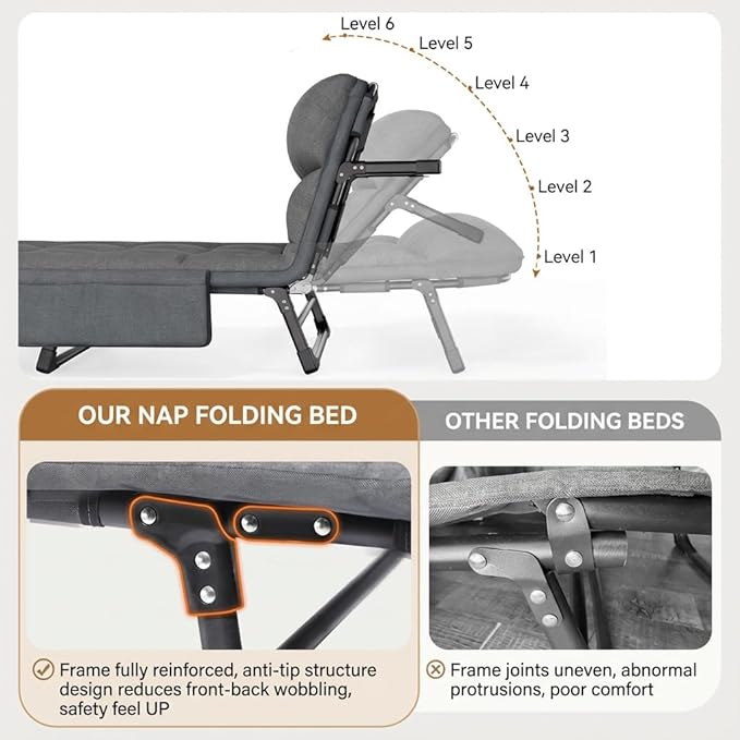 Portable Folding Bed Cot Recliner 6 Position Adjustable Backrest with Pillow Heavy Duty Steel Frame for Camping Office Nap Indoor Outdoor Use (Small(66in))