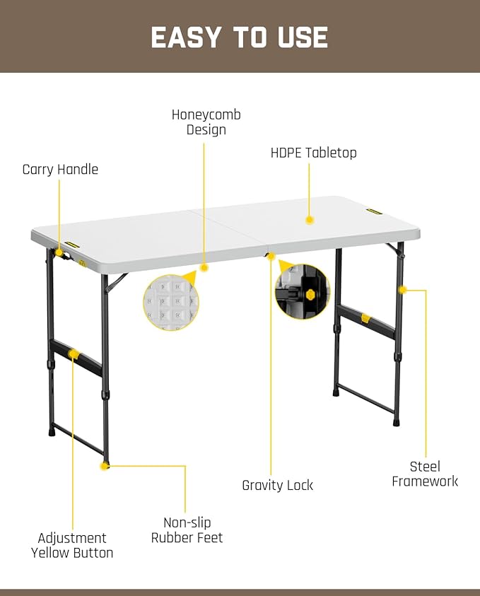 FanttikOutdoor Folding Table 4 Foot, Effortless Quick Adjustable Height Foldable Small Card Table, Fixing Lock, Stable for Party Dining Events Picnic Indoor Outdoor Camping, 2-Pack, Zeta X4 Pro White