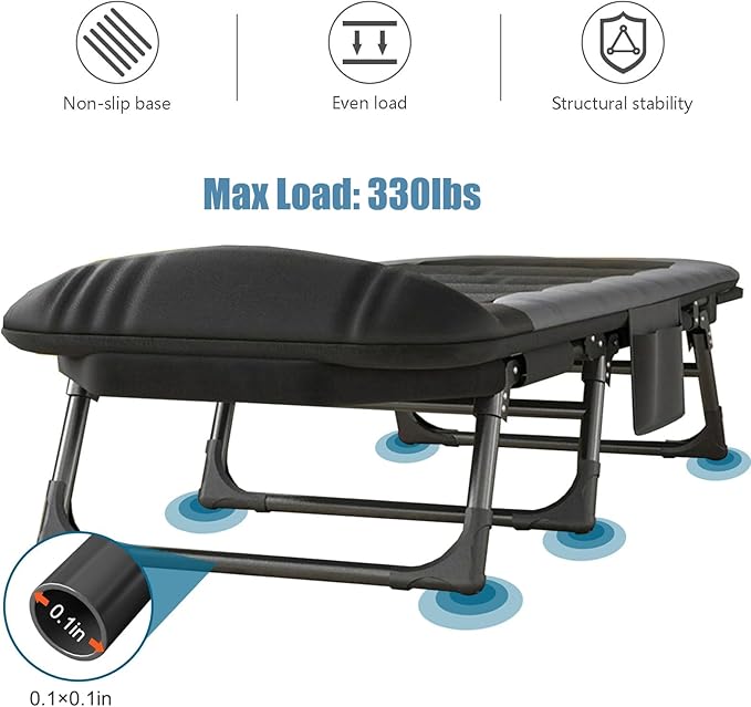 Folding Camping Cot for Adults with Adjustable Backrest & Pillow, Portable Lounge Chair Bed, 6-Position Recliner, Waterproof Outdoor Cot Supports 450lbs, Includes Side Pocket (Gray)